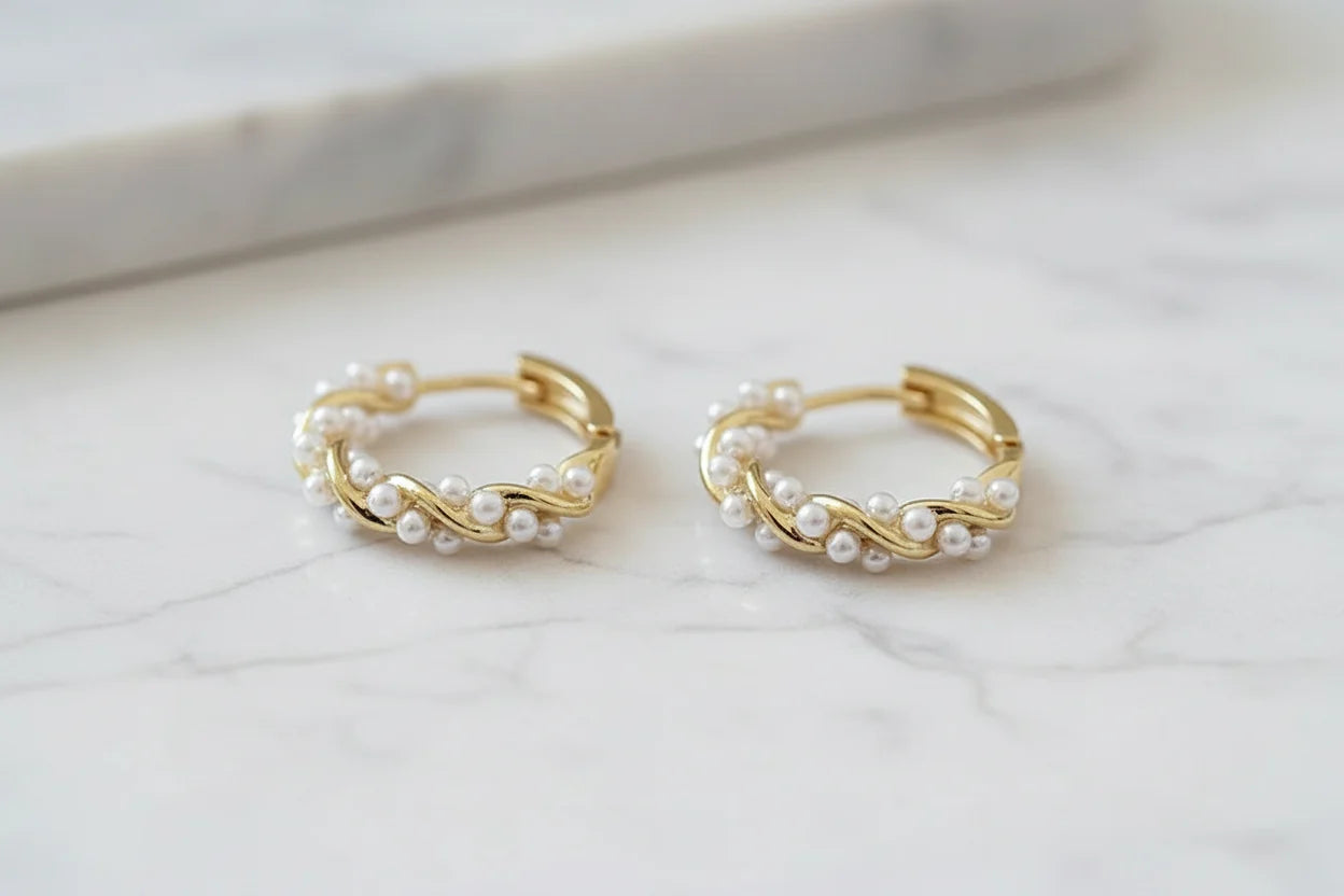 Freshwater Pearl Hoop Earrings on marble surface close-up | OriaJewel