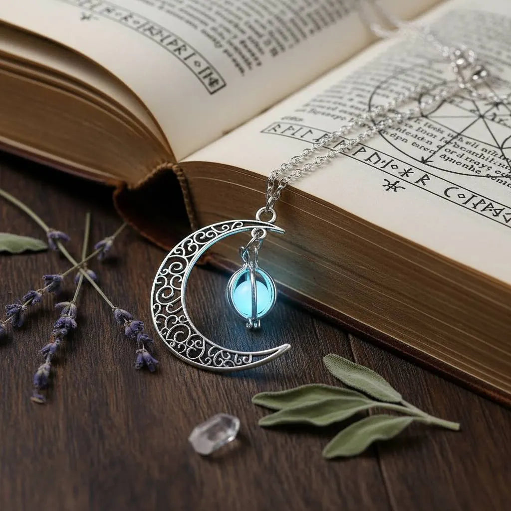 Glowing Moon Locket necklace with bright blue orb resting on open spellbook, surrounded by dried lavender, leaves and crystal on wooden table | Oria Jewel