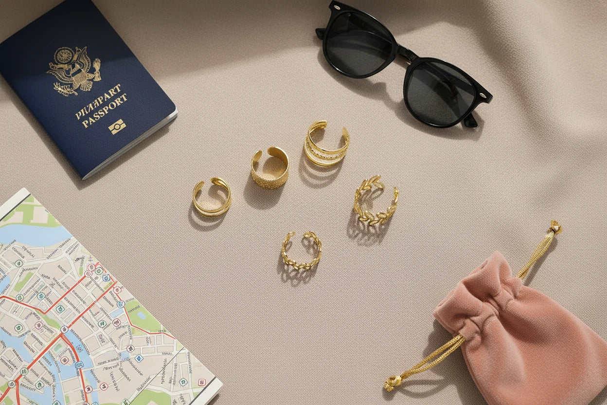 Gold 5-Piece Ear Cuff Set travel flat lay with passport and pouch | OriaJewel