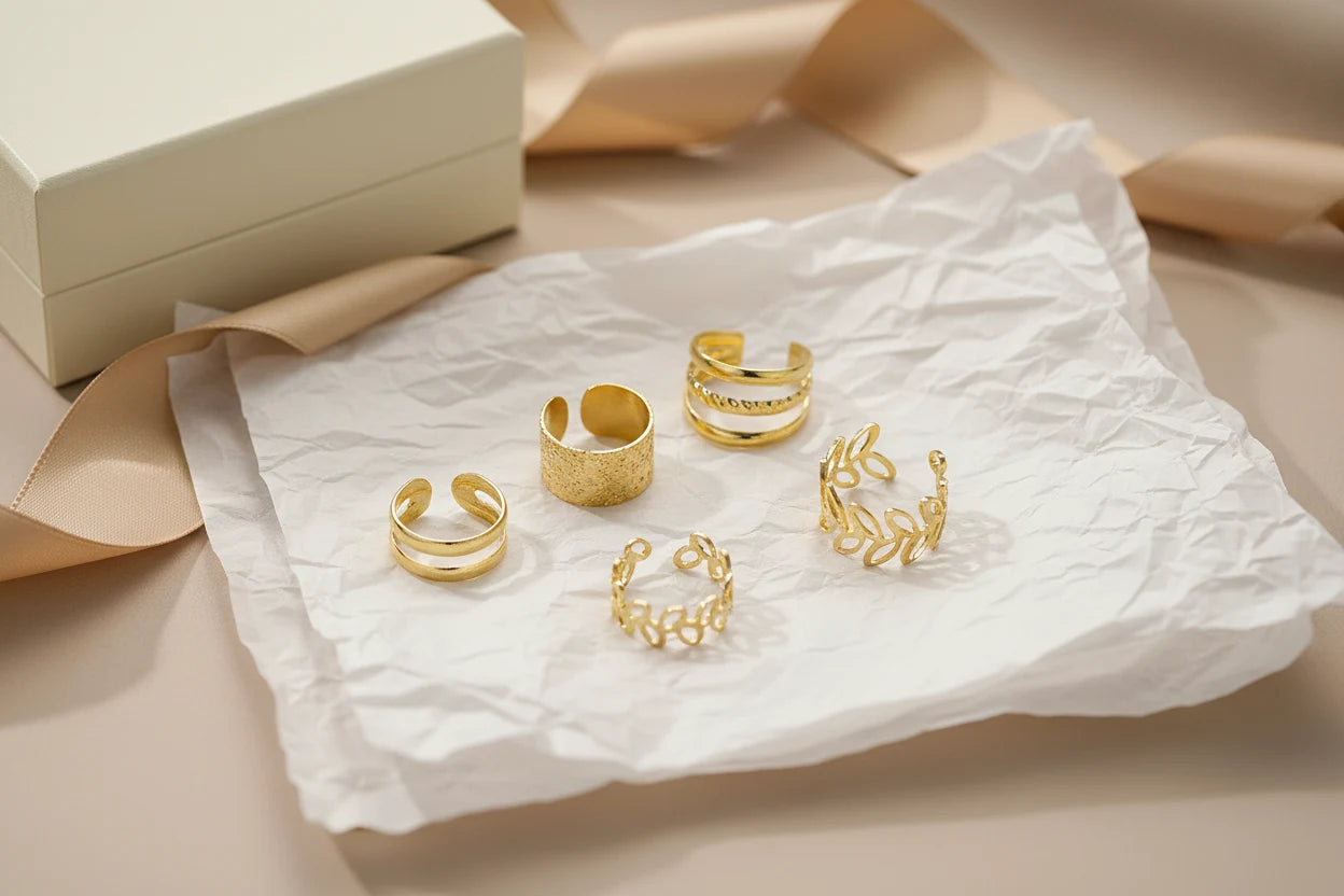 Gold 5-Piece Ear Cuff Set styled on crinkled tissue with gift box | OriaJewel
