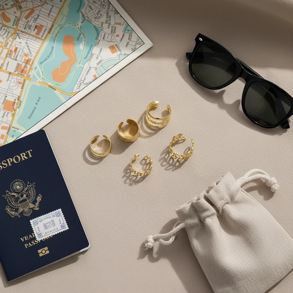 Gold 5-Piece Ear Cuff Set travel flat lay with map and sunglasses | OriaJewel