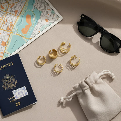 Gold 5-Piece Ear Cuff Set travel flat lay with map and sunglasses | OriaJewel