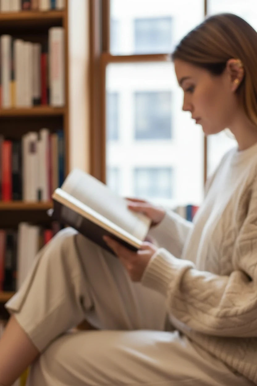 Gold 5-Piece Ear Cuff Set worn on model reading in library | OriaJewel
