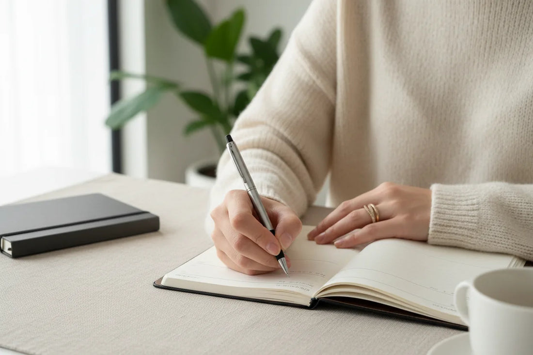 Cozy desk lifestyle scene of a woman writing in an open planner, with the Gold CZ Wrap Ring sparkling on her finger beside a coffee cup and soft natural window light | OriaJewel