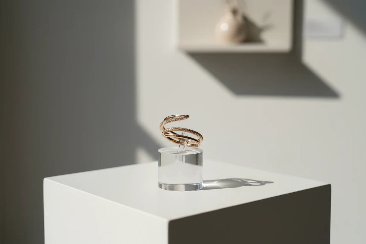 Gallery-style display of the Gold CZ Wrap Ring perched on a clear cylinder stand atop a white pedestal, with dramatic sunlight and soft blurred background for an editorial feel | OriaJewel