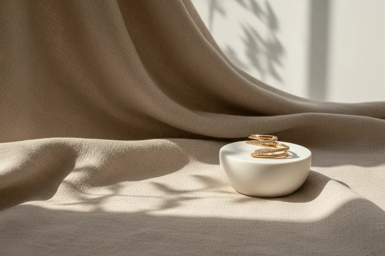 Warm editorial scene of the Gold CZ Wrap Ring placed on a white ceramic bowl over textured beige fabric, with gentle sunbeams and leaf shadows emphasizing the wrap silhouette | OriaJewel