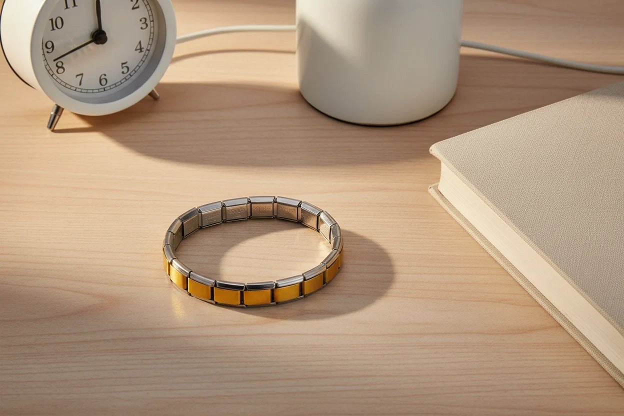 Nightstand flat lay featuring Gold Center Stainless Steel Stretch Bracelets placed beside a white alarm clock and neutral hardcover book on a light wood surface, styled to suggest an elegant everyday accessory | Oria Jewel