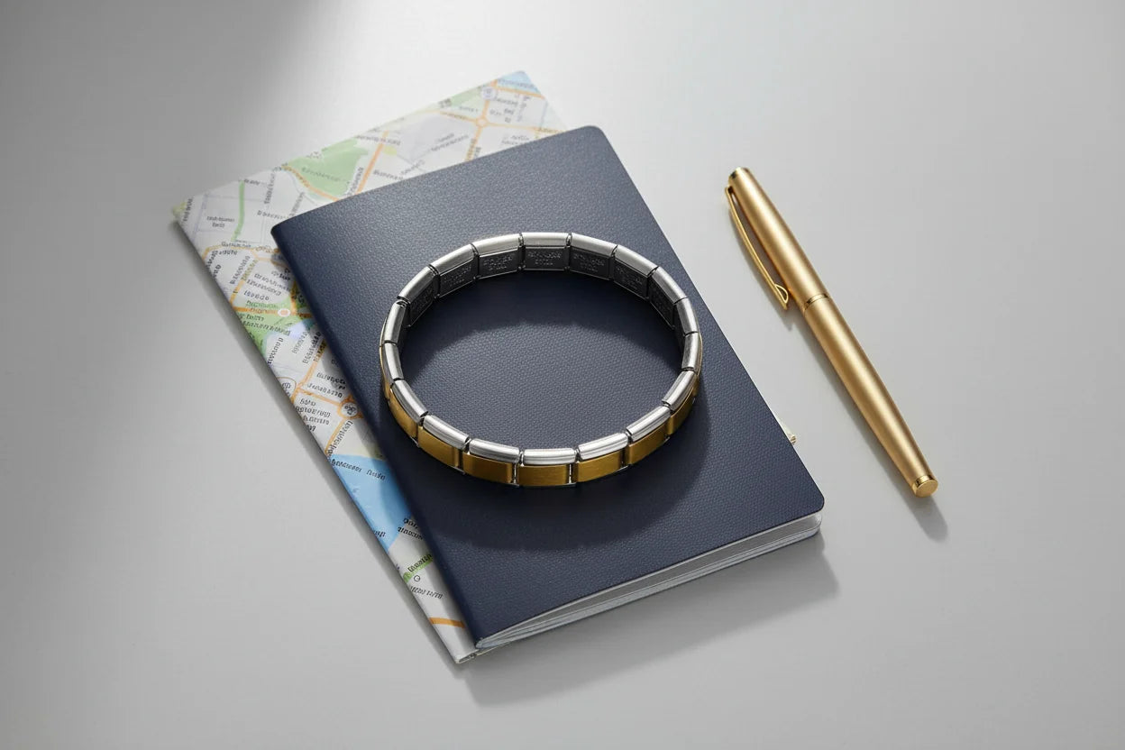 Travel-inspired flat lay of Gold Center Stainless Steel Stretch Bracelets arranged on top of a navy notebook with a city map and gold pen nearby, suggesting a stylish companion for everyday adventures | Oria Jewel