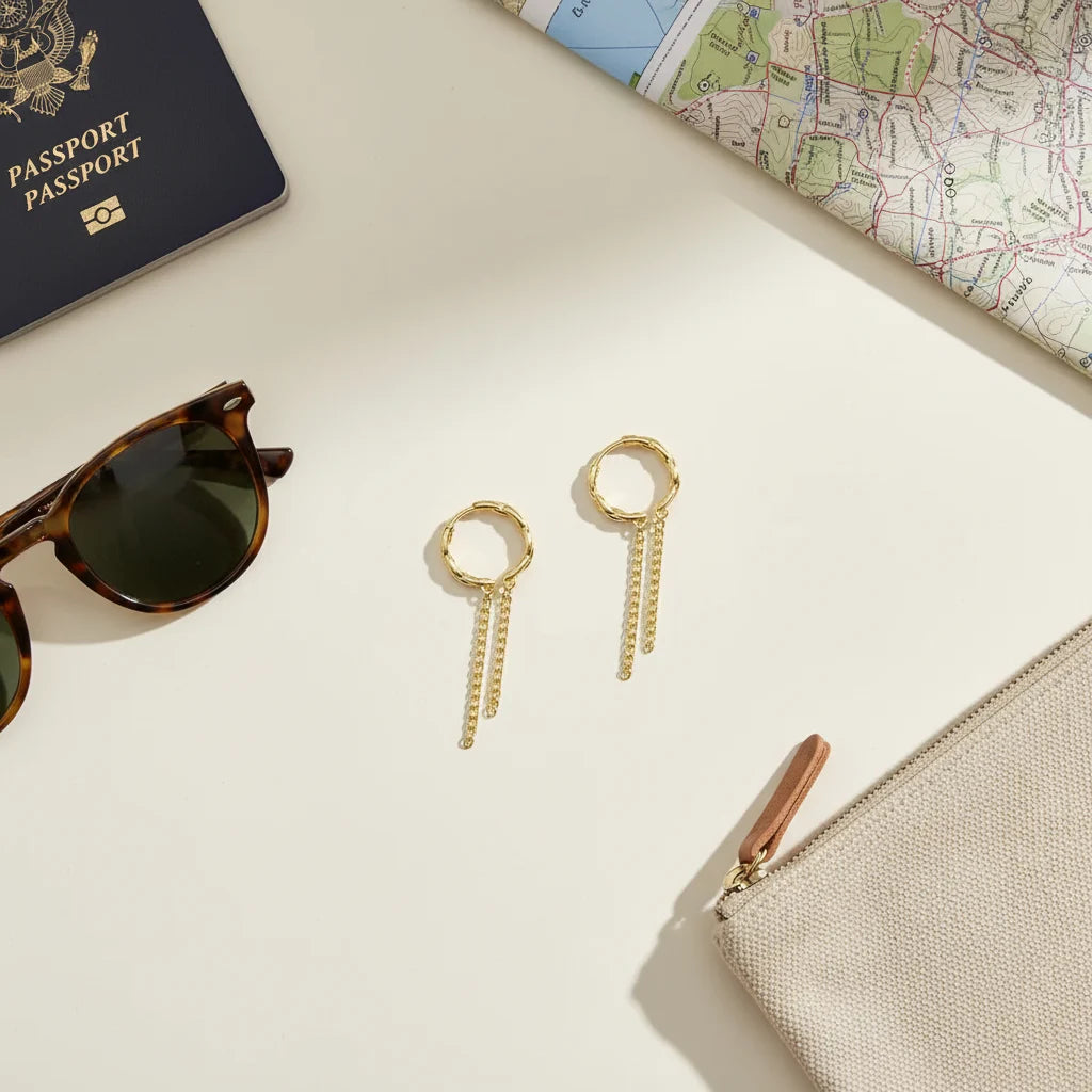 Gold Chain Ear Cuff earrings flat lay with passport, sunglasses, and map | OriaJewel