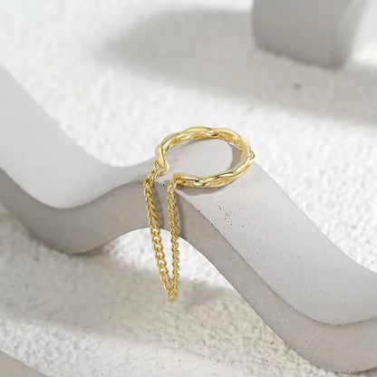 Close-up Gold Chain Ear Cuff with textured hoop and double drop chains | OriaJewel