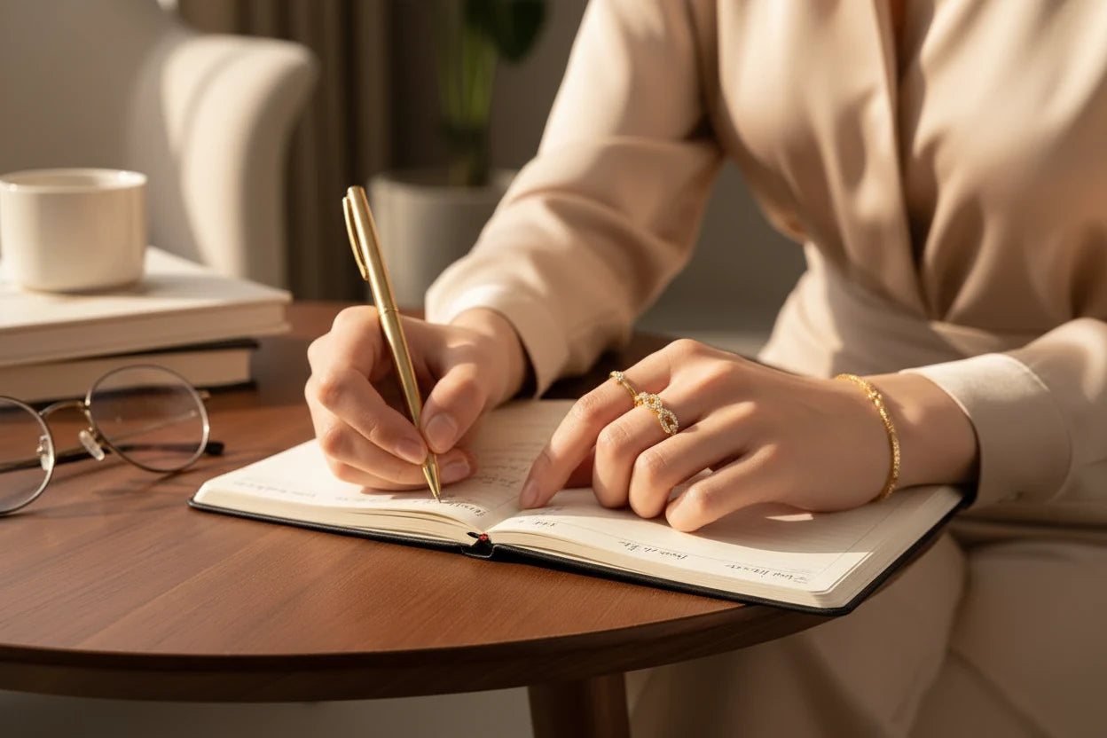 Gold Chain Link Ring worn while writing in a notebook, warm sunlight on the hand, showing pavé links paired with a delicate bracelet | OriaJewel
