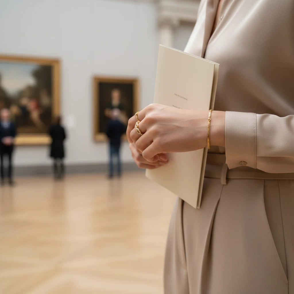 Gold Chain Link Ring worn in a gallery setting, hand holding a book, with pavé crystal links catching light beside a minimal gold bracelet | OriaJewel