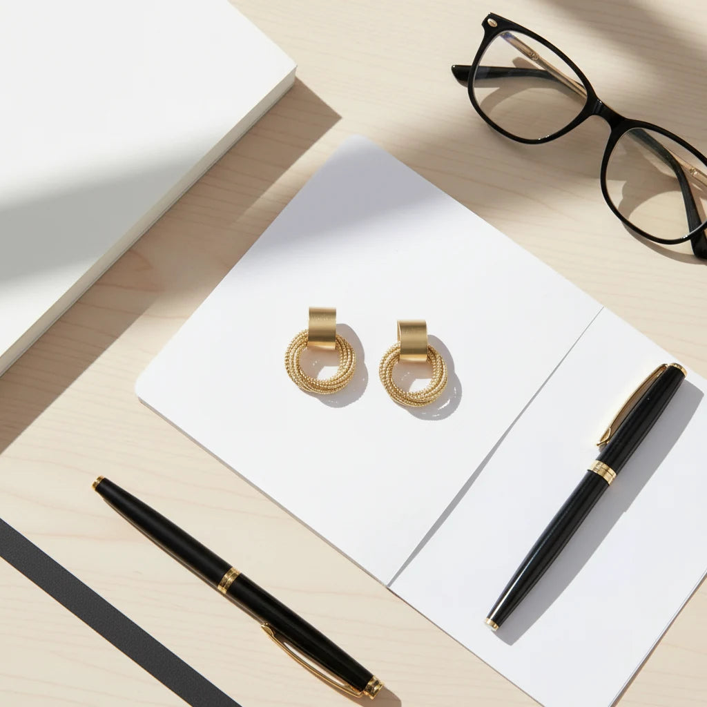 Gold Circle Drop Stud Earrings flat lay on notebook with pens and glasses | OriaJewel