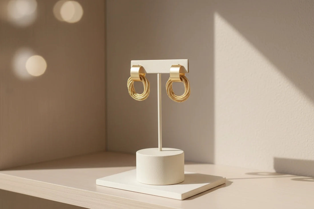 Gold Circle Drop Stud Earrings on white display stand in soft sunlight | OriaJewel