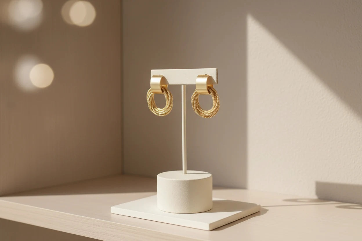 Gold Circle Drop Stud Earrings on white display stand in soft sunlight | OriaJewel