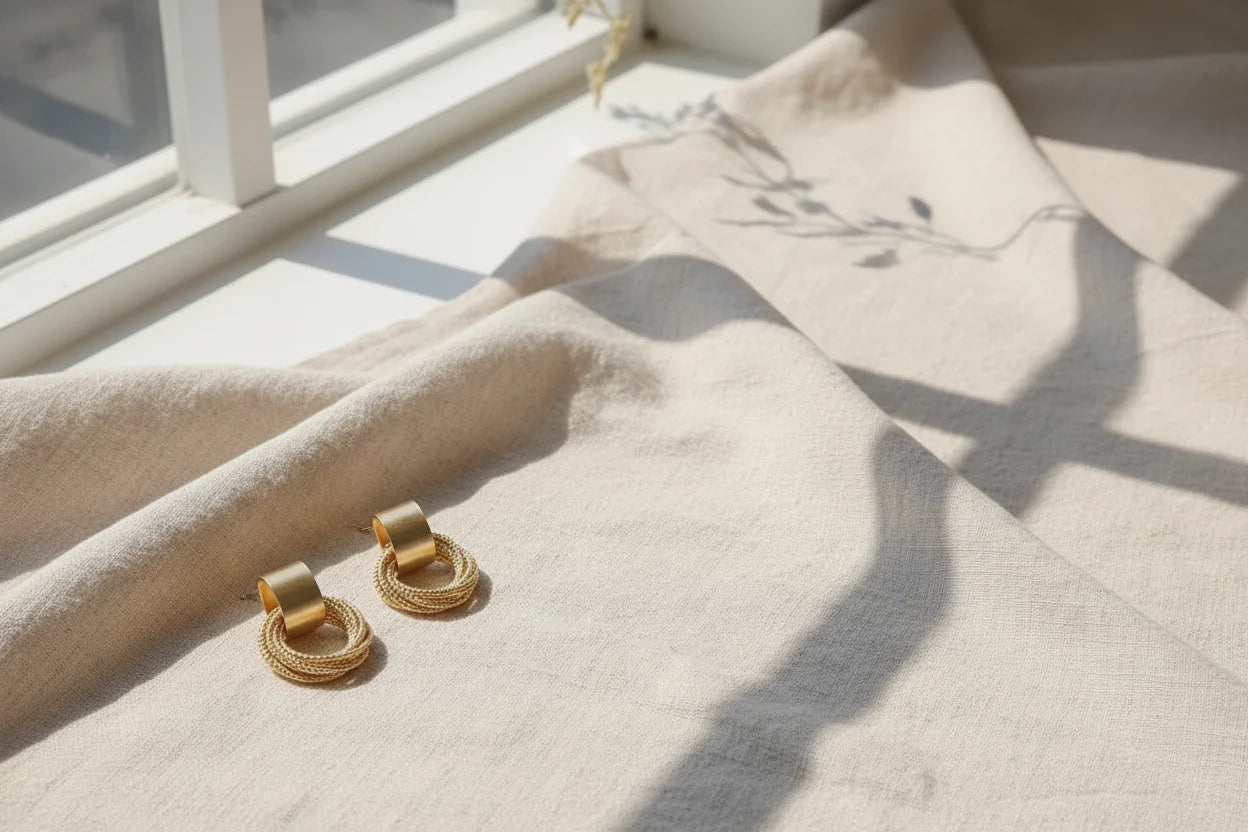 Gold Circle Drop Stud Earrings on linen fabric with window shadow | OriaJewel