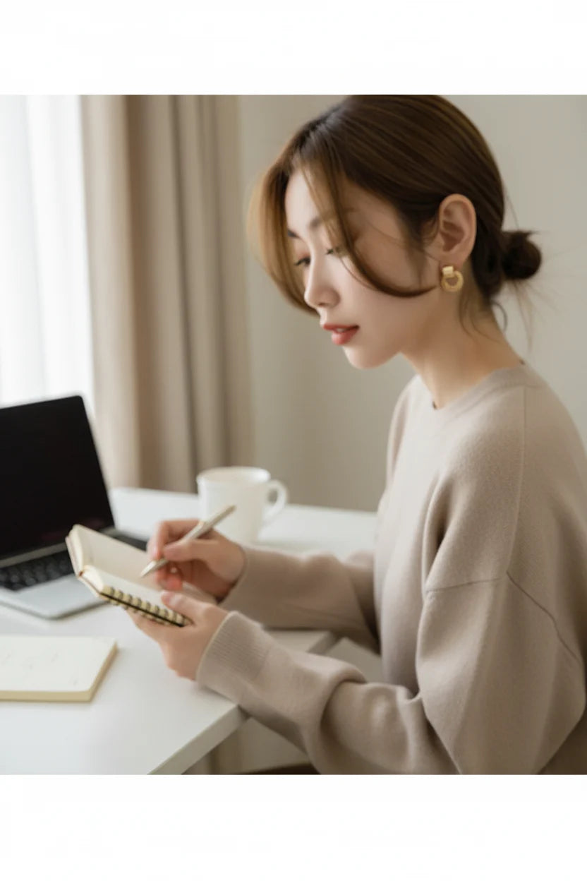 Gold Circle Drop Stud Earrings worn on model writing at desk | OriaJewel
