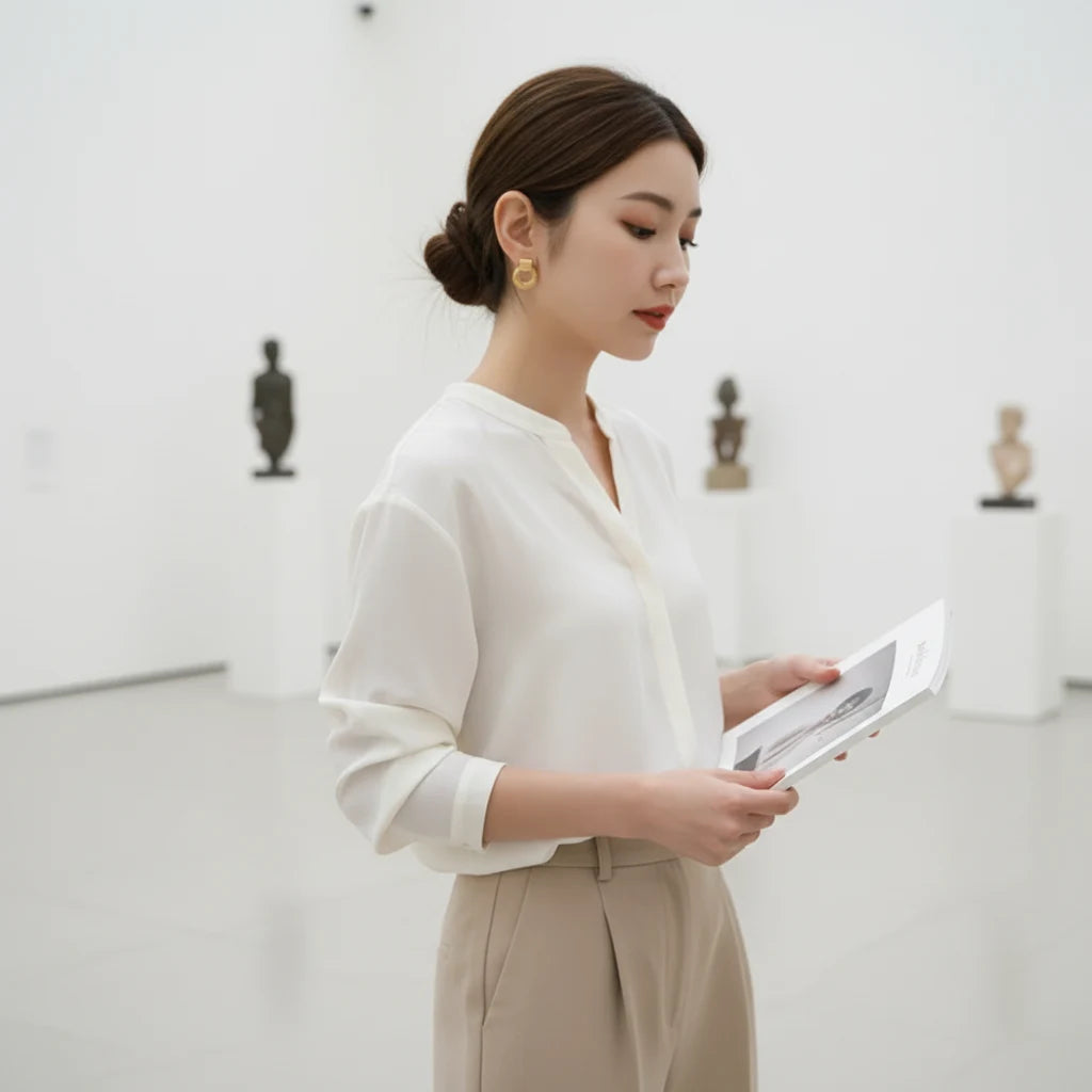 Gold Circle Drop Stud Earrings worn on model in gallery full outfit | OriaJewel
