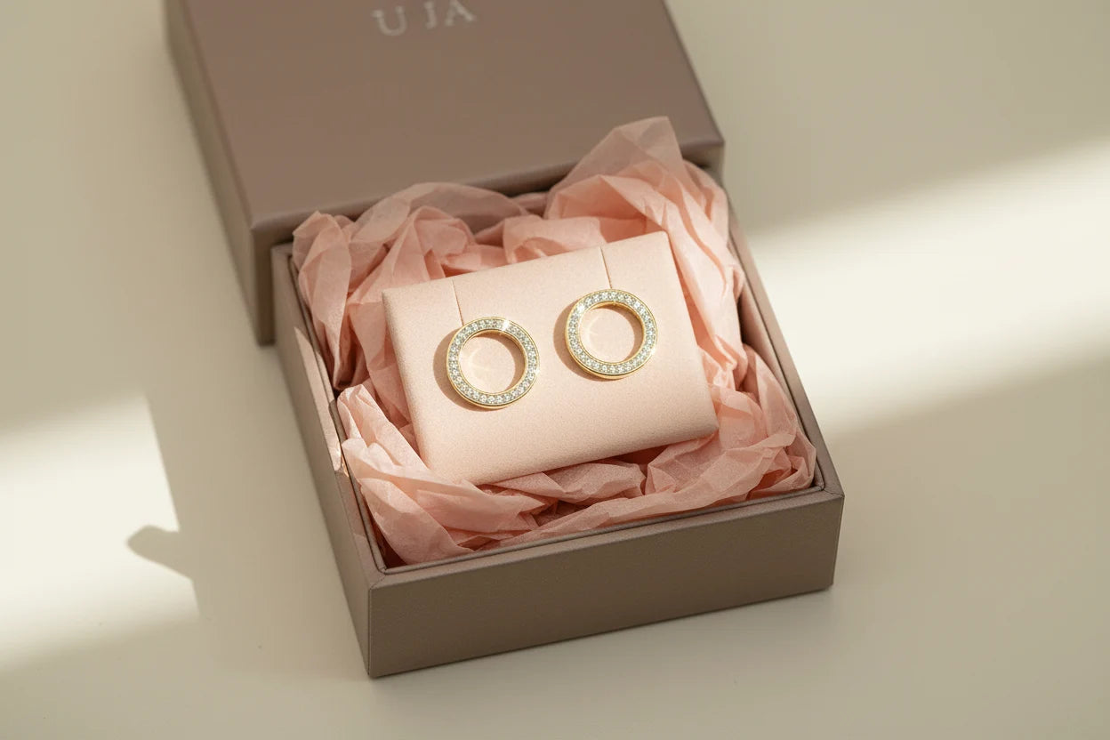 Gold Circle Stud Earrings in gift box with blush tissue flat lay | OriaJewel