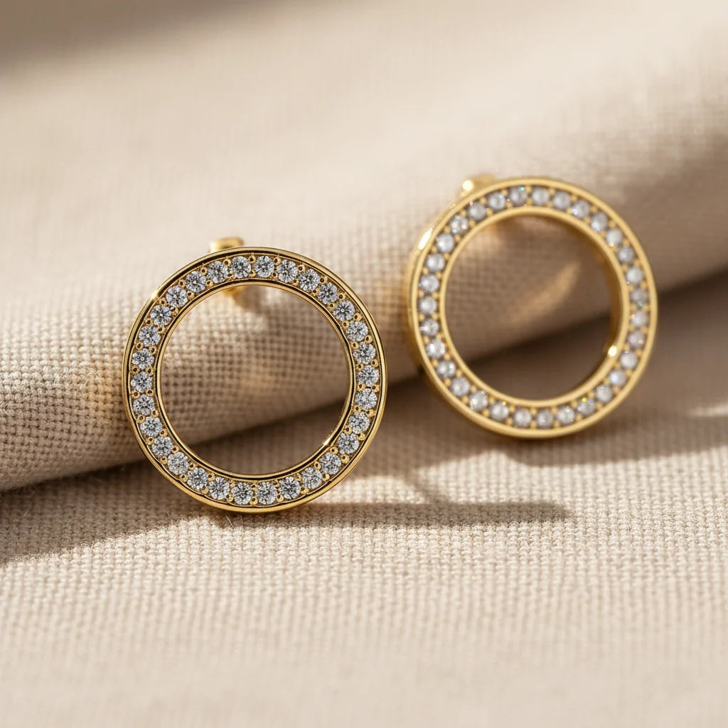 Gold Circle Stud Earrings macro close-up showing crystal circle detail | OriaJewel
