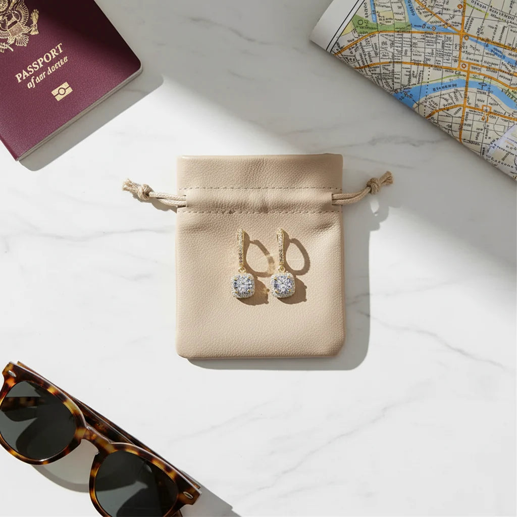 Gold Crystal Drop Huggie Earrings flat lay on beige pouch with passport, map, and sunglasses | OriaJewel