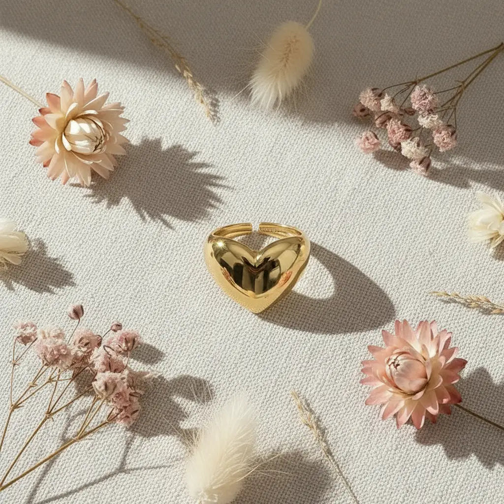 Gold Heart Open Ring styled in a romantic flat lay on textured fabric with dried flowers and warm daylight, focusing on the shiny heart center and open ring gap. | OriaJewel