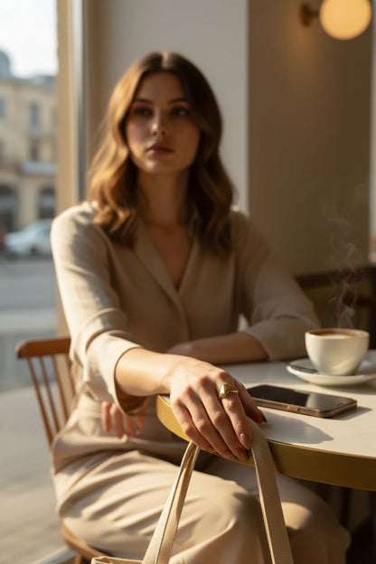 Gold Heart Open Ring worn on a model’s hand at a cozy café table in golden-hour light, with a tote strap and phone nearby to show everyday styling. | OriaJewel