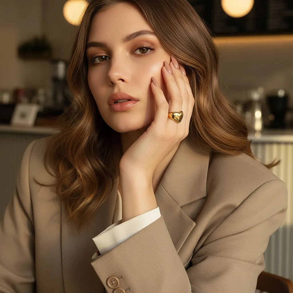 Gold Heart Open Ring close-up on a model’s hand resting on her face, emphasizing the polished heart shape, sleek open band, and elegant neutral outfit styling. | OriaJewel