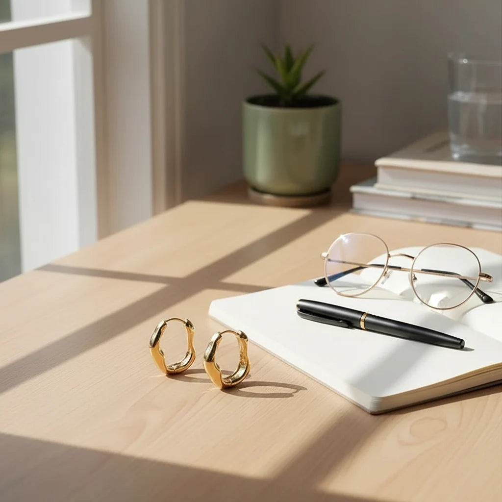 Gold Huggie Hoop Earrings flat lay on desk with notebook, pen, and glasses | OriaJewel