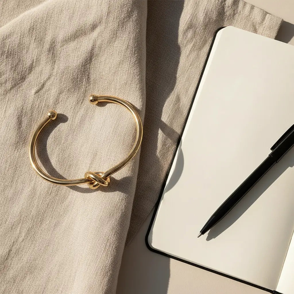 Minimal flat-lay of a Gold Knot Cuff Bracelet on beige linen beside an open notebook and black pen, styled as an elegant everyday desk accessory | Oria Jewel
