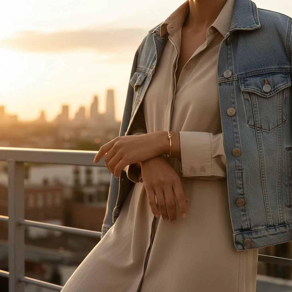 Rooftop sunset shot of a woman in a beige shirt dress and denim jacket, gently crossing her arms to showcase the glowing Gold Knot Cuff Bracelet against the city skyline | Oria Jewel