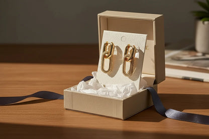 Gold Link Drop Earrings displayed on gift box and card packaging | OriaJewel