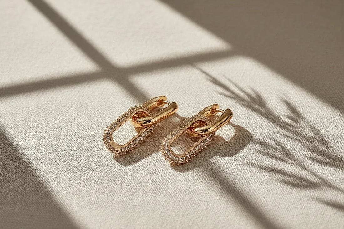 Gold Link Drop Earrings on textured fabric with soft window shadow | OriaJewel