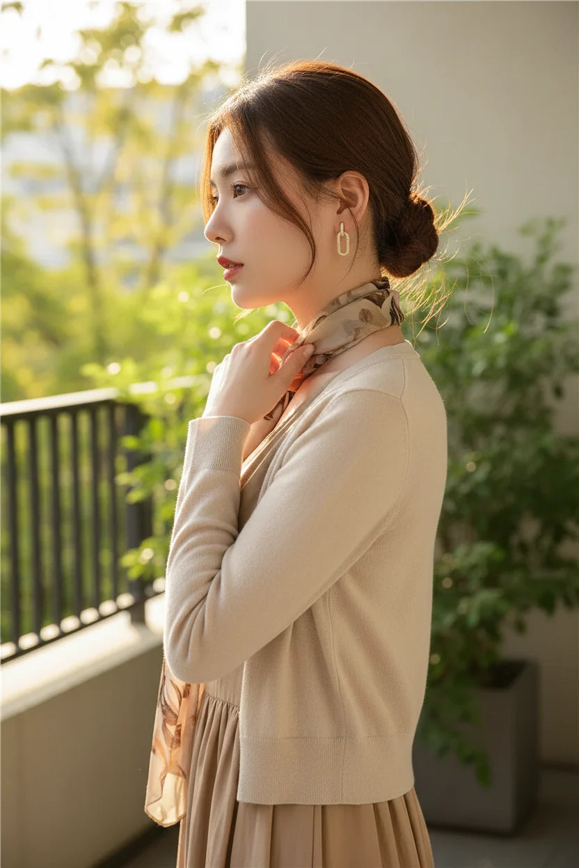 Gold Link Drop Earrings worn on model outdoors with scarf and sunlight | OriaJewel