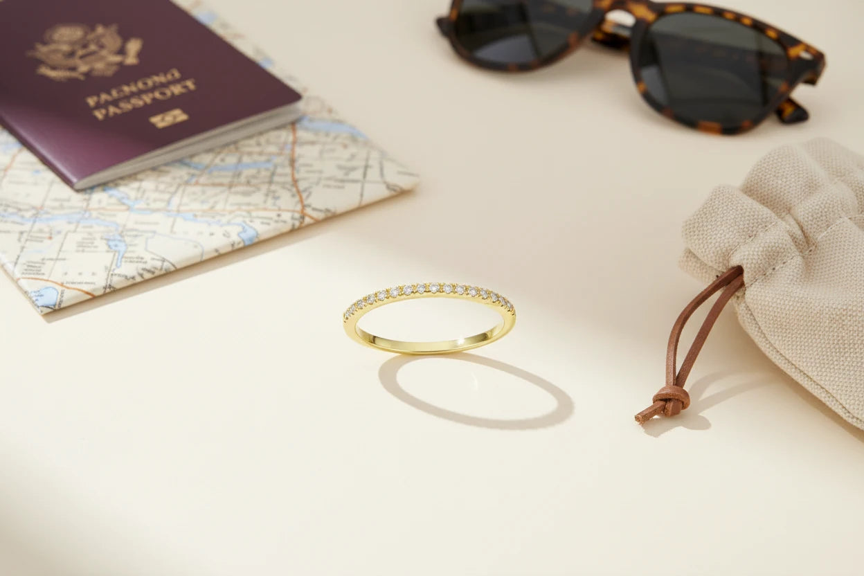 Gold Midi Ring Set styled in a travel flat lay with passport, map, sunglasses, and a linen jewelry pouch on a clean beige surface | OriaJewel