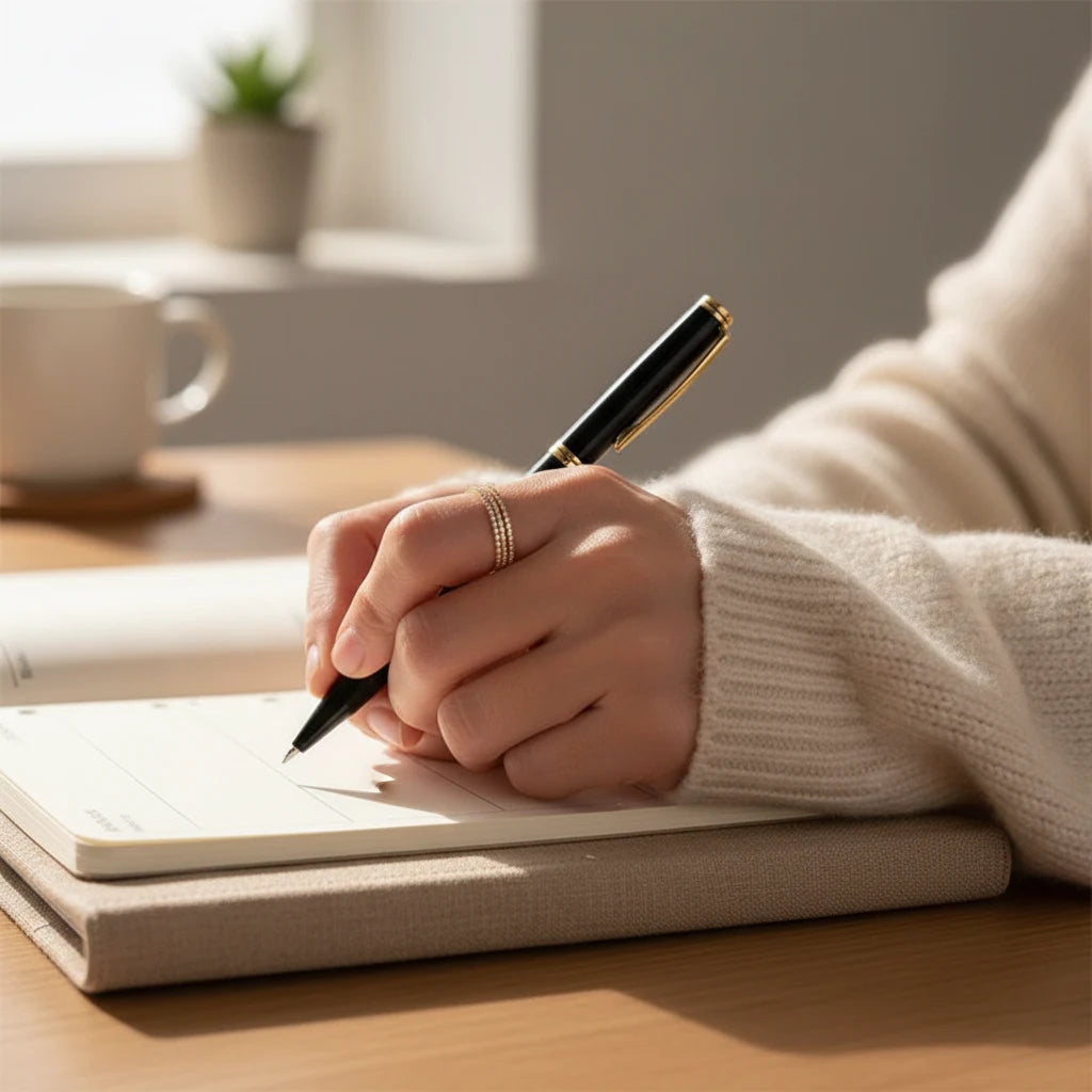 Lifestyle close-up of a hand writing in a planner while wearing a stacked Gold Midi Ring Set on the finger in soft morning light | OriaJewel