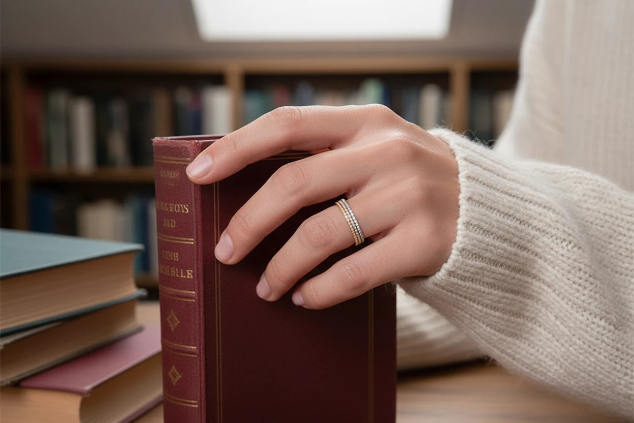 Close-up of a hand holding a book in a library setting, showing a thin stacked Gold Midi Ring Set with subtle sparkle | OriaJewel