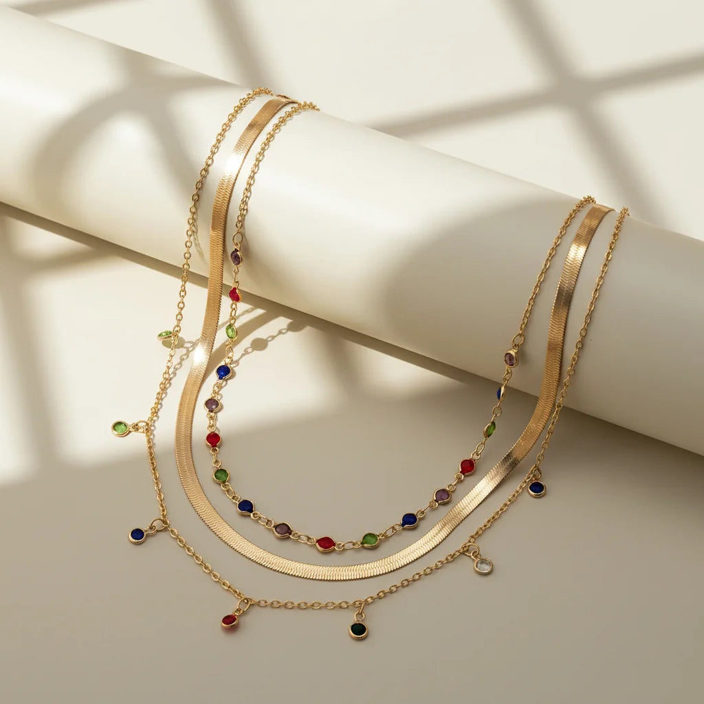 Gold Multilayer Choker Necklace featuring colorful gemstones on layered chains, perfect for elegant styling | Oria Jewel