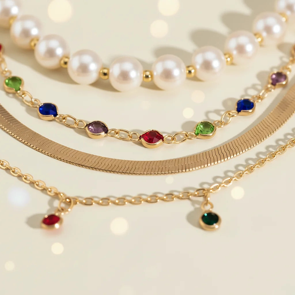 Gold Multilayer Choker Necklace adorned with colorful gemstones and pearls | Oria Jewel