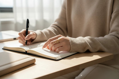 gold Pavé snake wrap ring on hand writing in an open notebook at a sunlit desk | OriaJewel