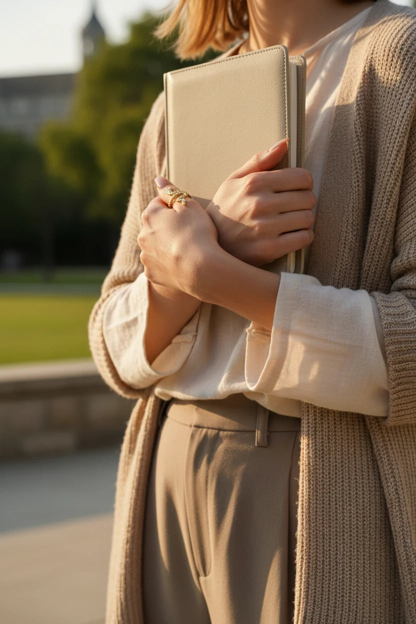 gold Pavé snake wrap ring worn outdoors, hands holding a beige planner in golden hour | OriaJewel
