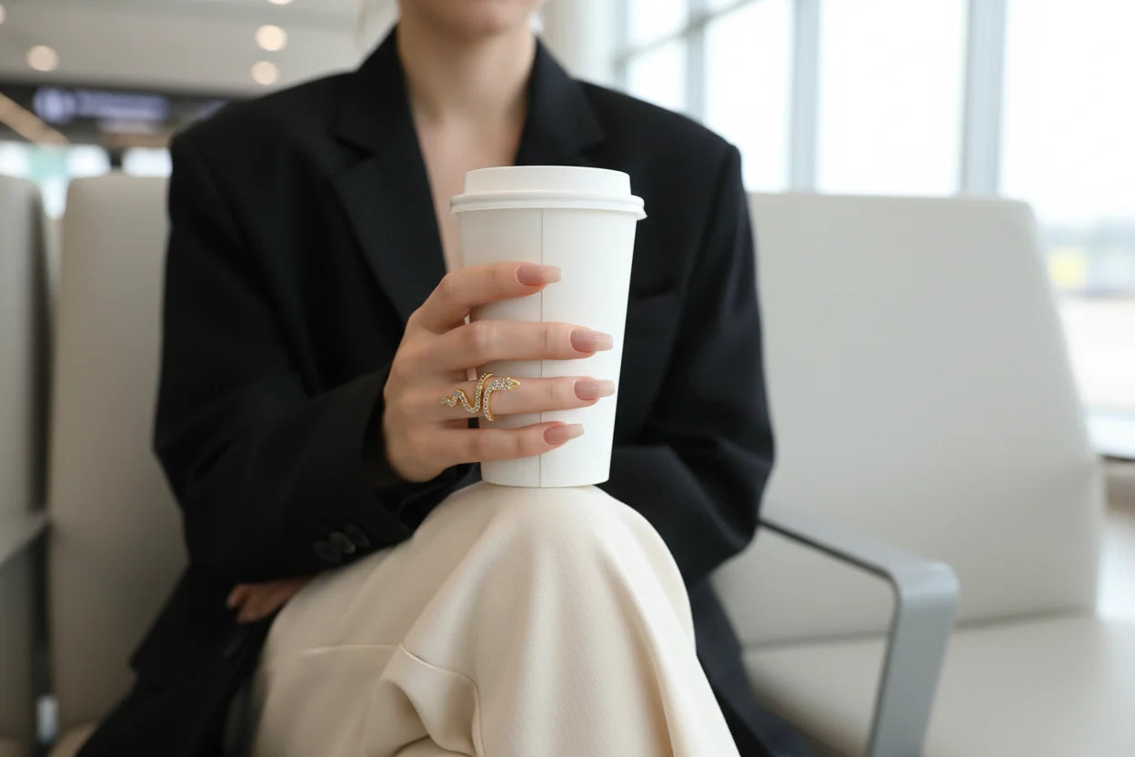 gold Pavé snake wrap ring on finger holding a white to-go cup in a modern airport lounge | OriaJewel