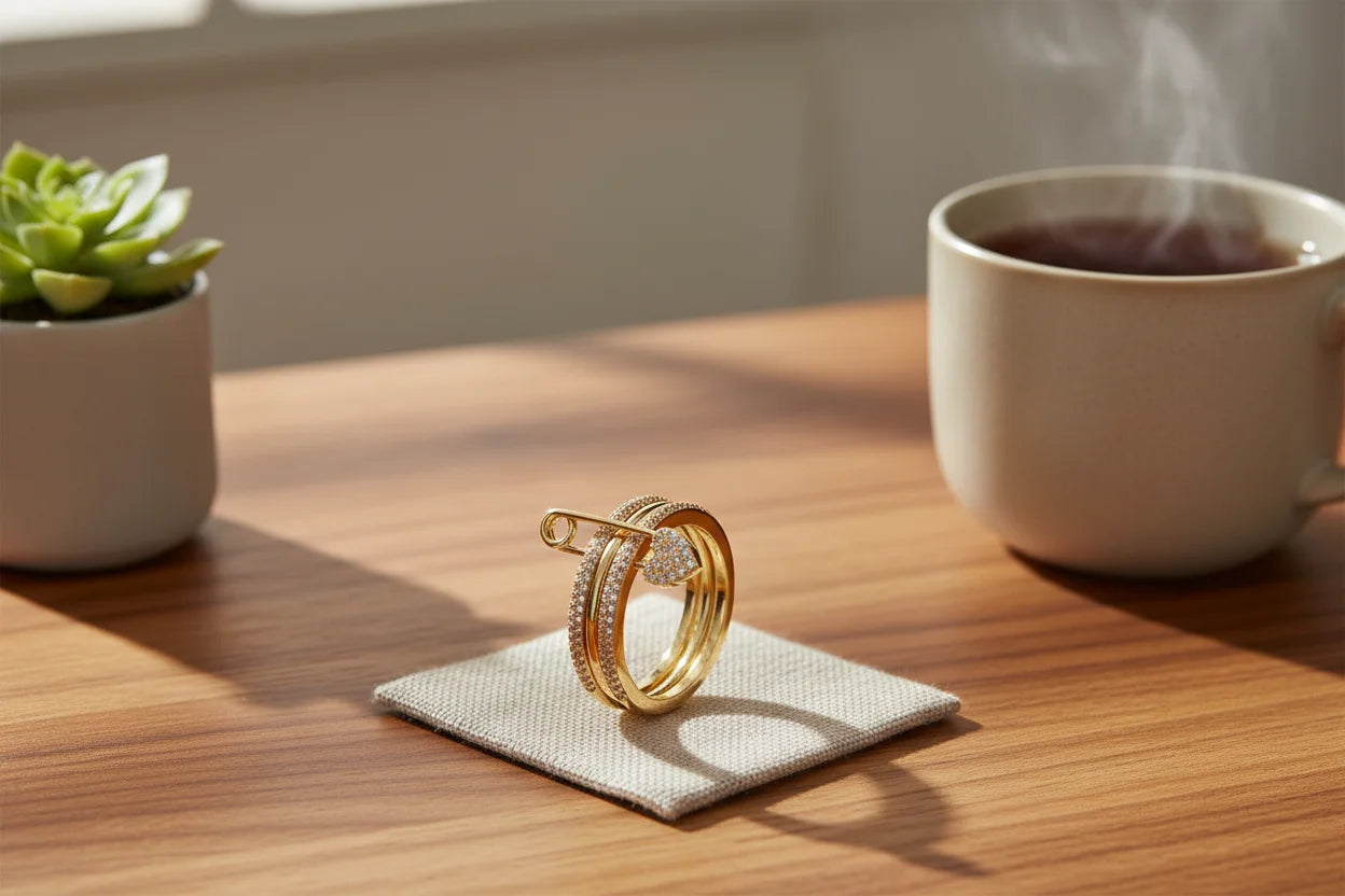 Gold Safety Pin Ring styled on a wooden table on a small linen square, steaming coffee mug and small plant nearby, warm morning light highlighting pavé sparkle and heart charm | OriaJewel