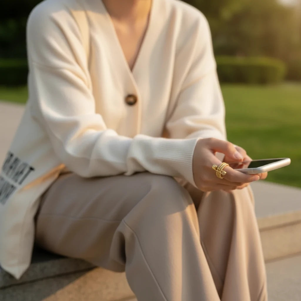 Gold Safety Pin Ring worn outdoors, close-up of hands holding a phone while seated on a bench, soft golden-hour light, gold-tone pavé bands with safety pin and heart charm visible | OriaJewel