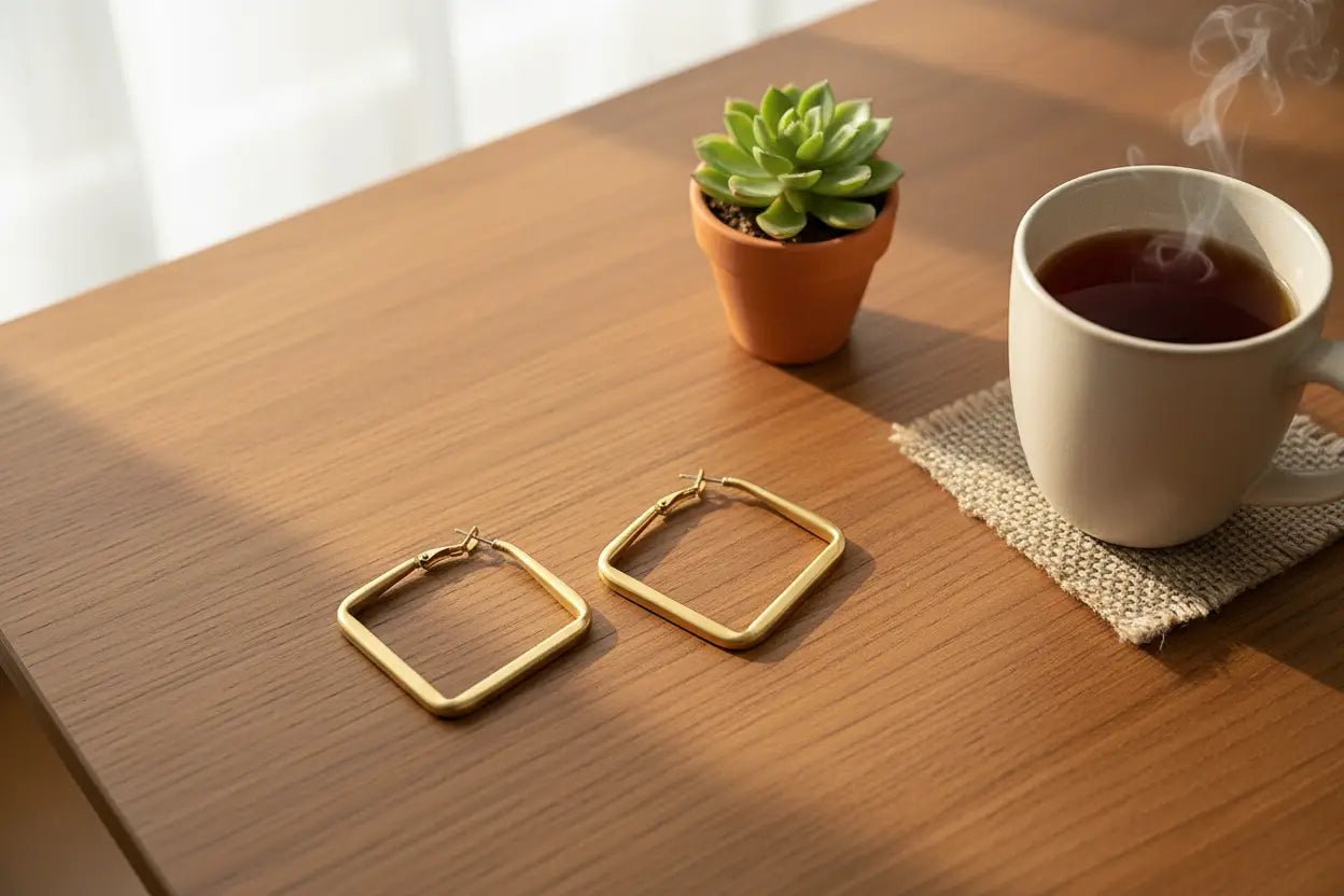 Gold Square Hoop Earrings on wooden table with tea and succulent | OriaJewel