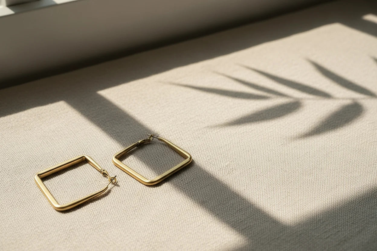 Gold Square Hoop Earrings on linen fabric with window shadow | OriaJewel