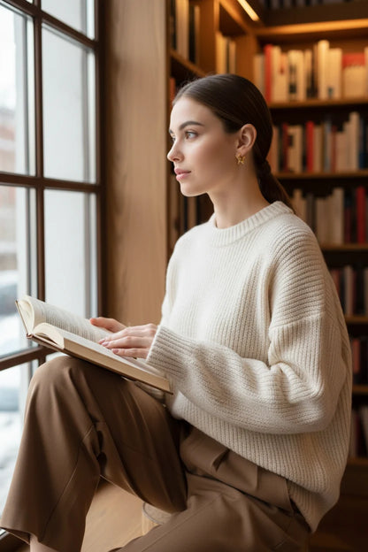Gold Star Huggie Hoop Earrings worn by model reading by window | OriaJewel