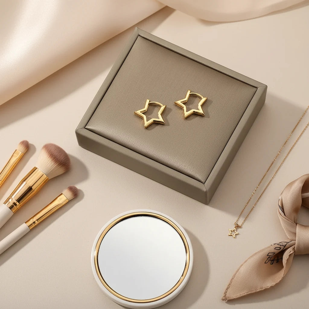 Gold Star Huggie Hoop Earrings flat lay with mirror, brushes, and scarf | OriaJewel