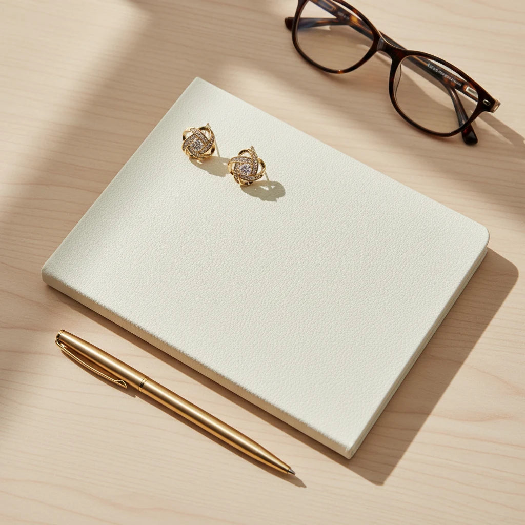 Gold Tone Knot Halo Stud Earrings styled on notebook with glasses | OriaJewel