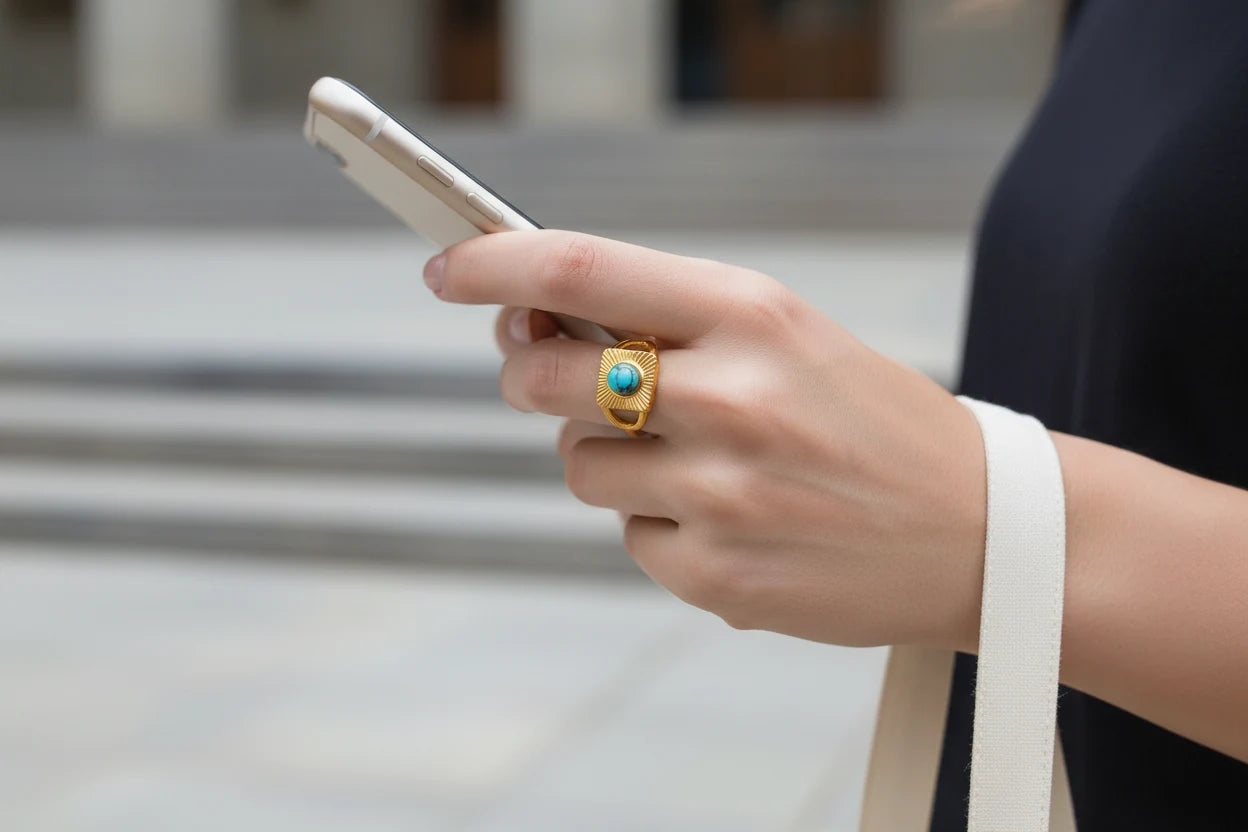 Gold Turquoise Adjustable Open Ring lifestyle shot while holding a smartphone, showing the bold gold statement face with a turquoise center stone on an adjustable open ring design | OriaJewel